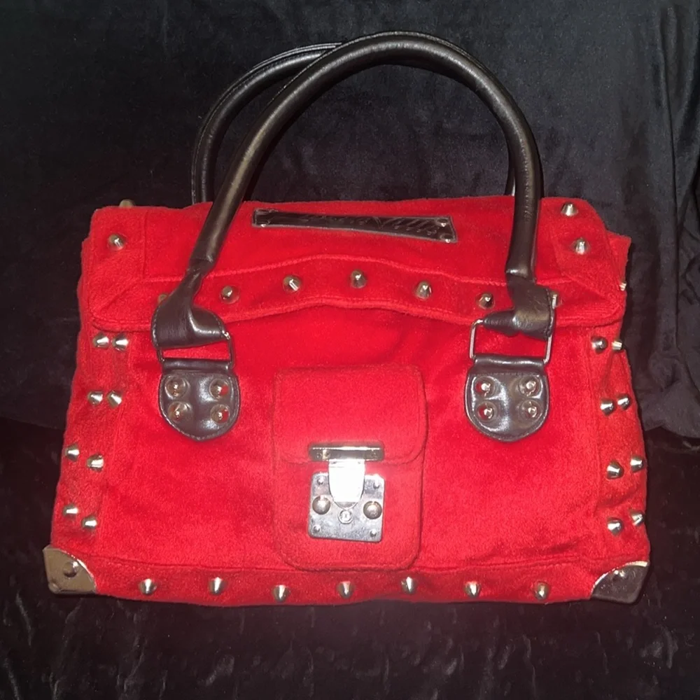 Vintage Lux de Ville Red velvet like Studded Weekender - Picture 4 of 17